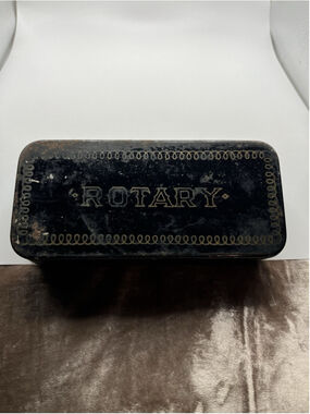 VINTAGE BLACK GOLD ROTARY BOX W/ BLUE VELVET FABRIC SEWING PARTS SEW KIT FULL!